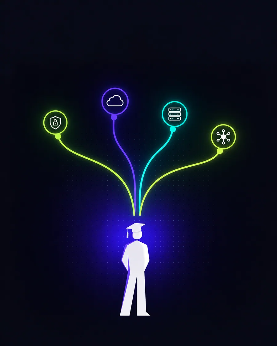 A person standing where one path splits into four glowing paths